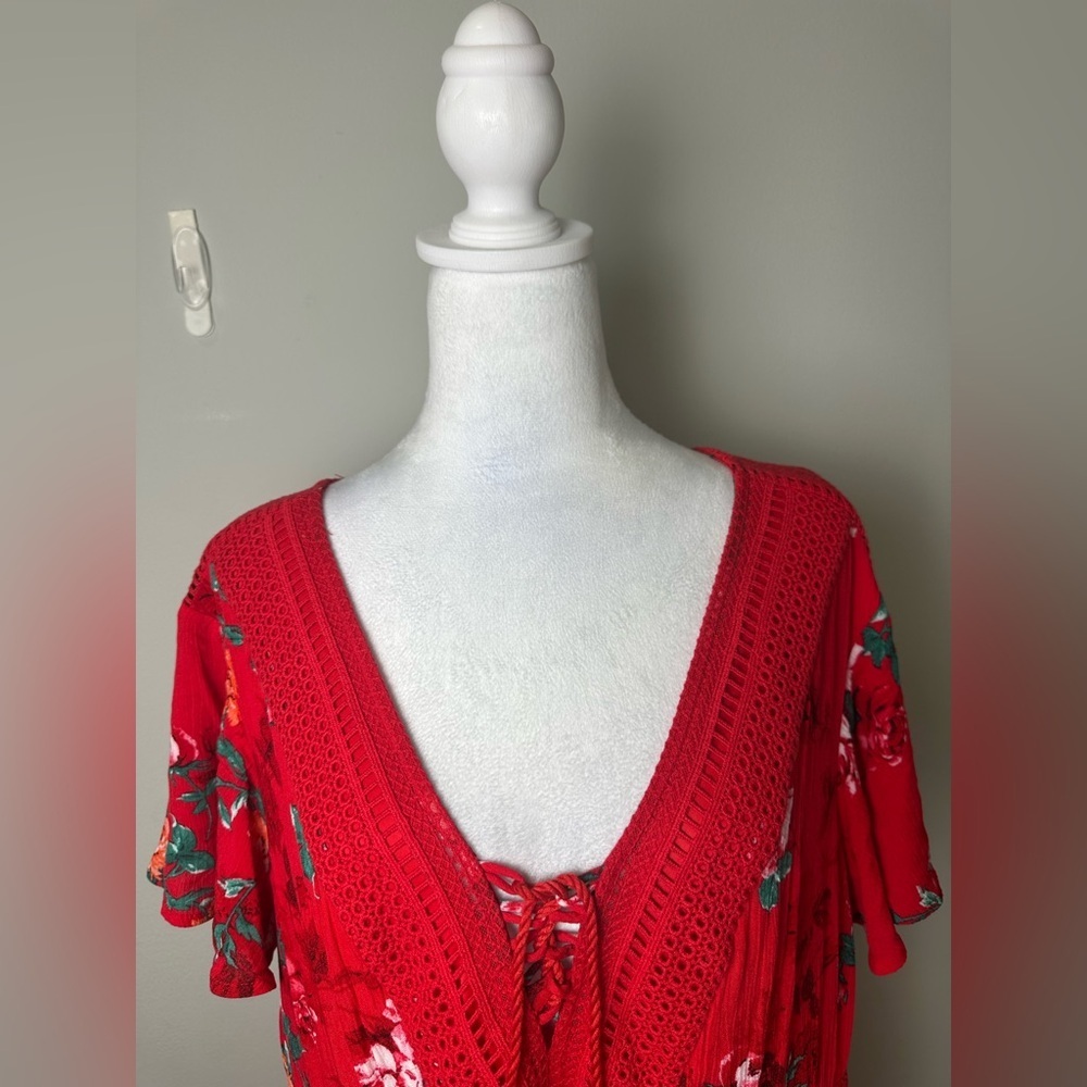 Torrid Red Floral Gauze Skater Flutter Lace Up Neck Pocket Dress Size 1 1X - Picture 6 of 13